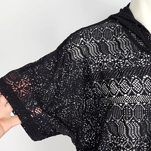 Beach Pool Cover-Up  Black Crochet Dress Hoodie Full Zip Up Short Sleeves Sz S/M - Picture 5 of 12